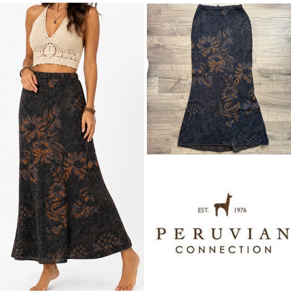 Peruvian Connection Black Floral Alpaca Silk Long Skirt size Small Women Vintage